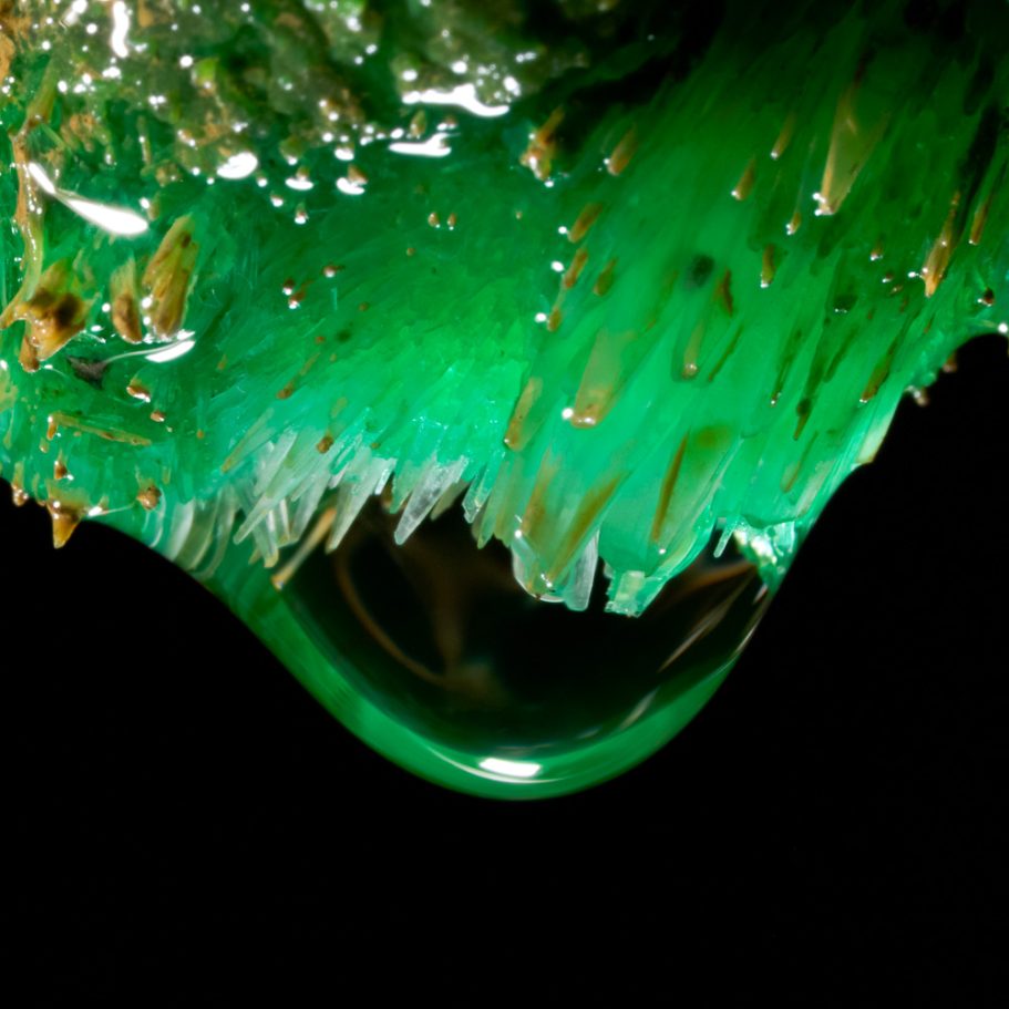 Macro-photo of a water droplet forming on a green mineral formation