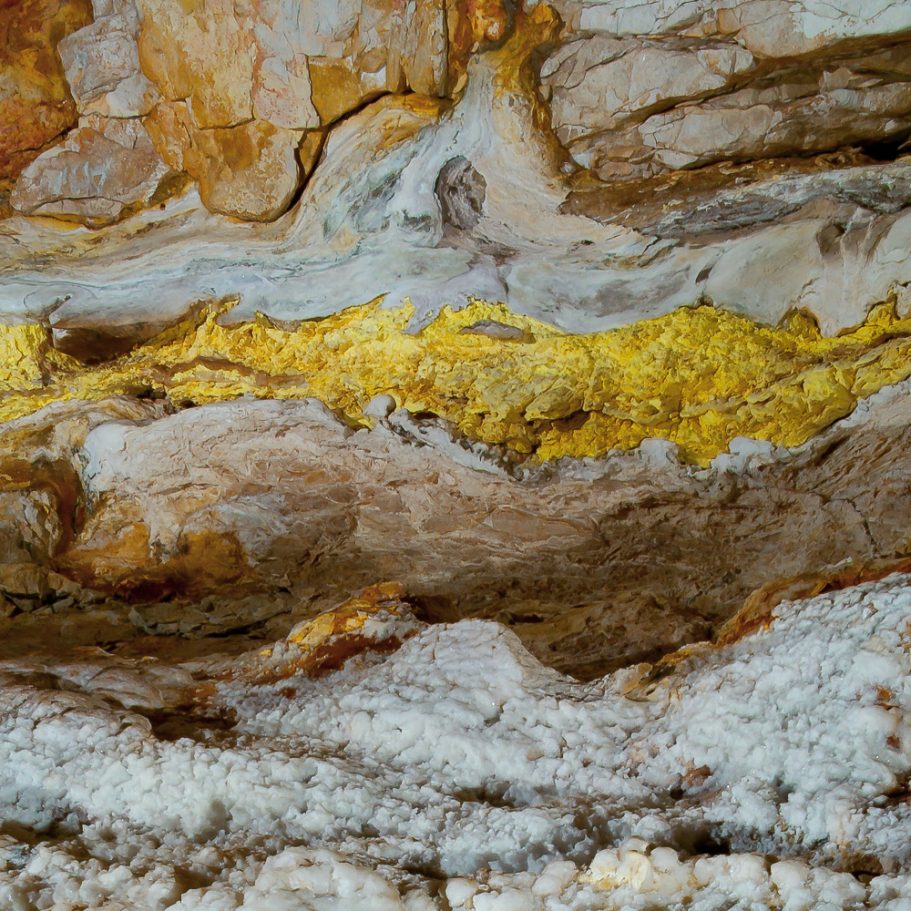 Vein of yellow elemental sulphur in cave ceiling