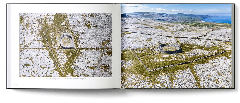 Sample double-page of the 'Burren' book showing aerial photos of a ringfort