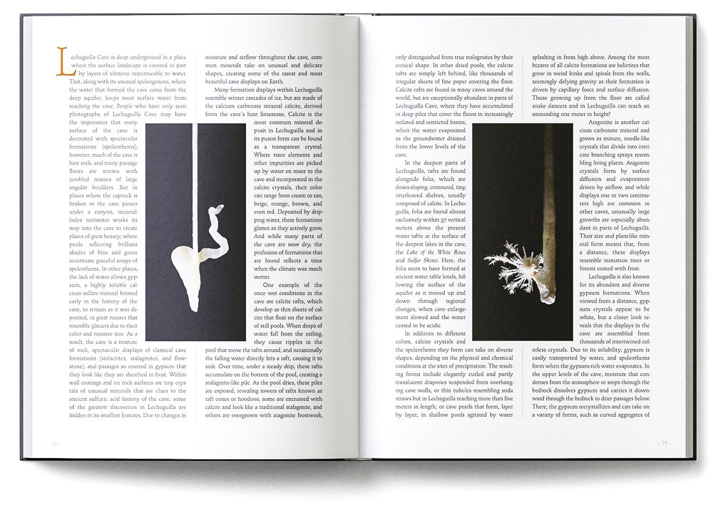 Sample double-page of the 'Lechuguilla Cave' book showing text pages with insets showing formations