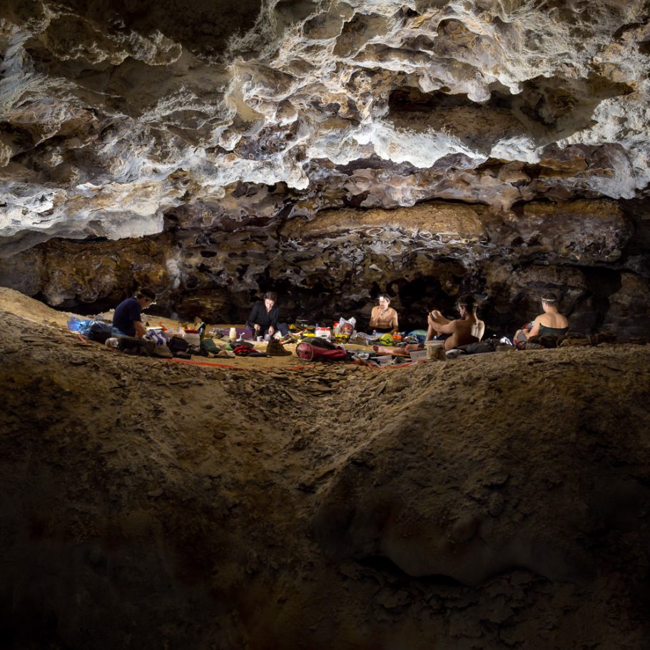 An expedition team of cave explorers in 'Deep Seas Camp' in Lechuguilla Cave