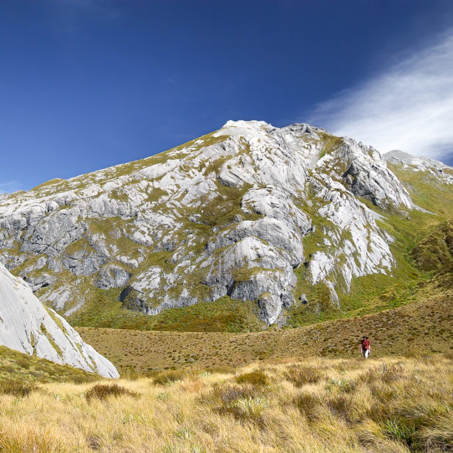 Limestone hills with hiker