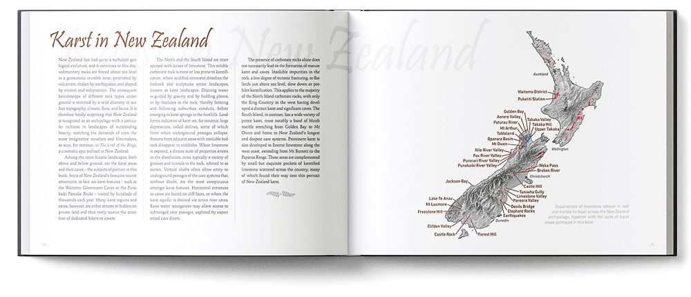Sample double page of the 'New Zealand Karst' book showing the New Zealand map of karst areas
