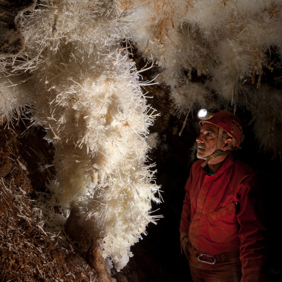 Large cluster of araginite helictites on the wall of a cave with an explorer for scale