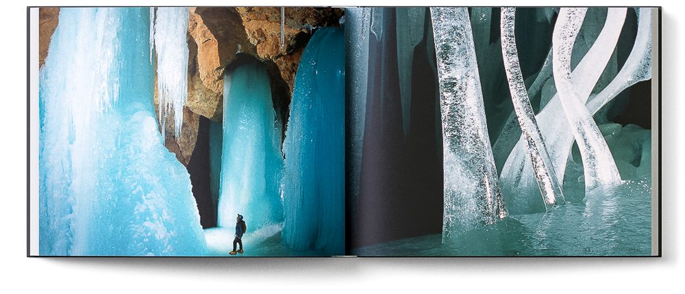 Sample double page of the 'Inside Mother Earth' book showing blue ice domes and formations