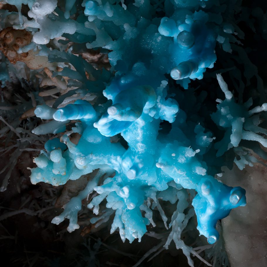 Helictites of rare blue colour on a cave wall