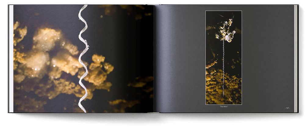 Sample double page of the 'New Zealand Karst' book showings a helicoidal gypsum speleothem