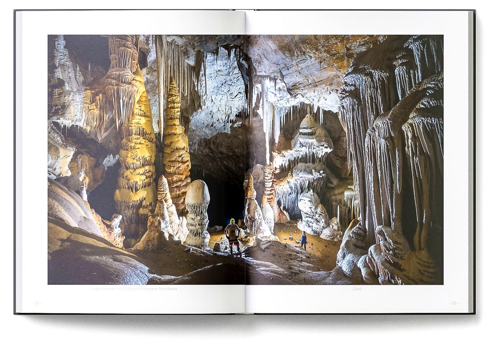 Sample double-page of the 'Lechuguilla Cave' book showing a large chamber with flowstone formations