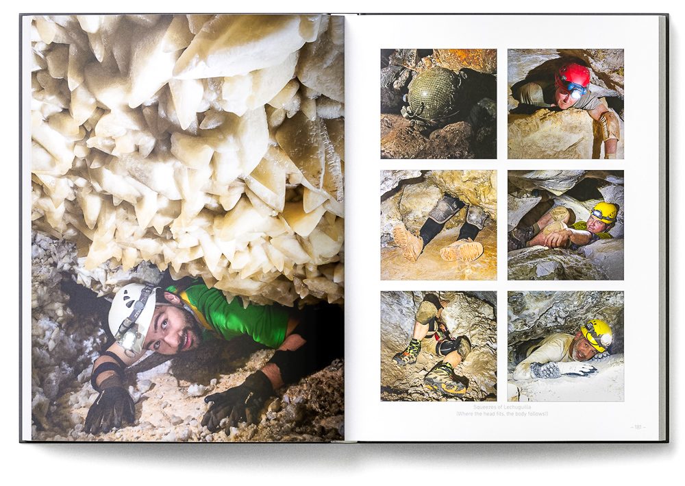 Sample double-page of the 'Lechuguilla Cave' book showing cavers mastering a very tight passages