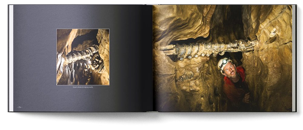Sample double page of the 'New Zealand Karst' book showing a fossil whale bone in a narrow cave passage