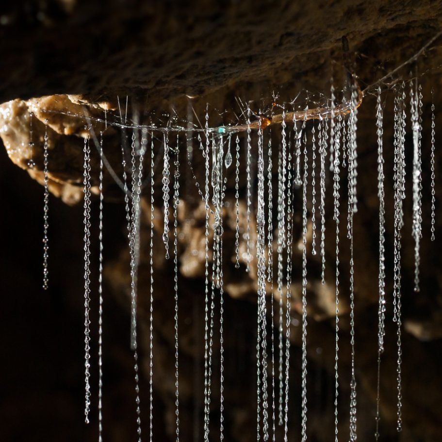 Glowworms in its slimy hammock with long threads of mucus droplets below