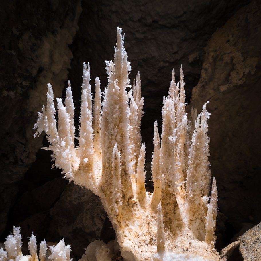 Pinacles of gypsum covered in small gypsum crystals