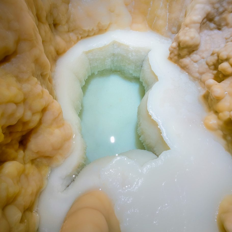 Pristine, calcite-lined cave pool surrounded by flowstone walls 