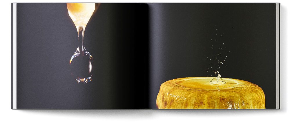 Sample double page of the 'Inside Mother Earth' book showing a falling and a splashing water droplet