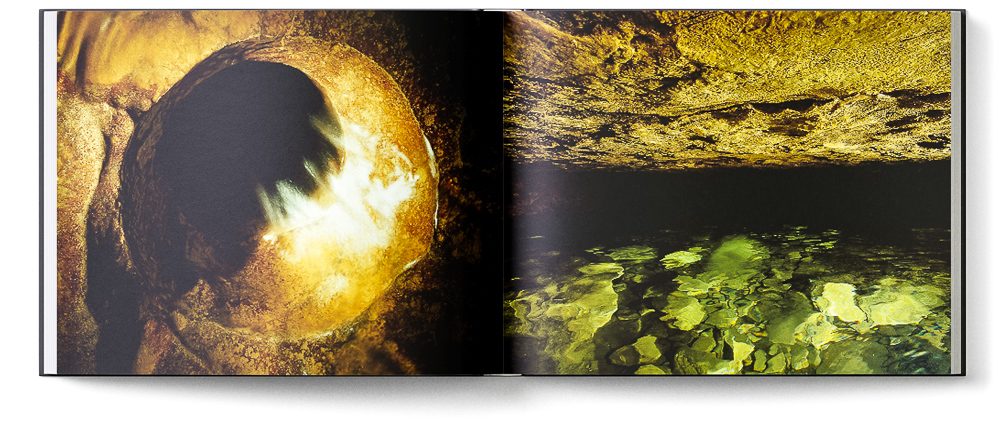 Sample double page of the 'Inside Mother Earth' book showing cave water in motion