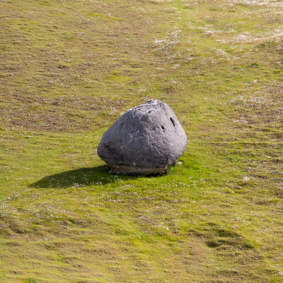 A single limestone boulder on a green medow