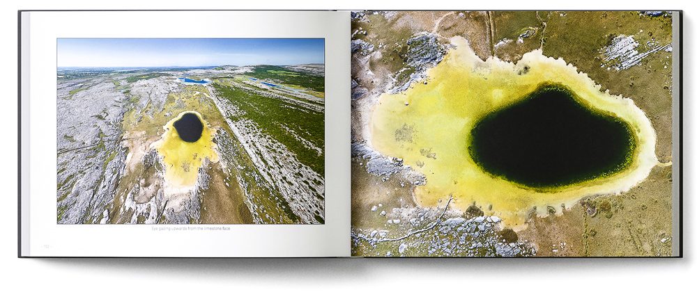 Sample double-page of the 'Burren' book showing aerial photos of an eye-shaped lake