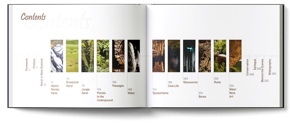 Sample double-page of the 'New Zealand Karst' book showing the contents