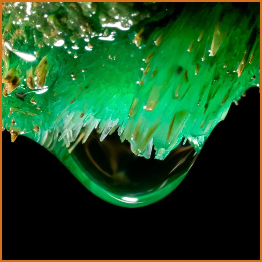 Macro shot of a drip of water on green aragonite crystals; title photo for "Colour Palette" portfolio