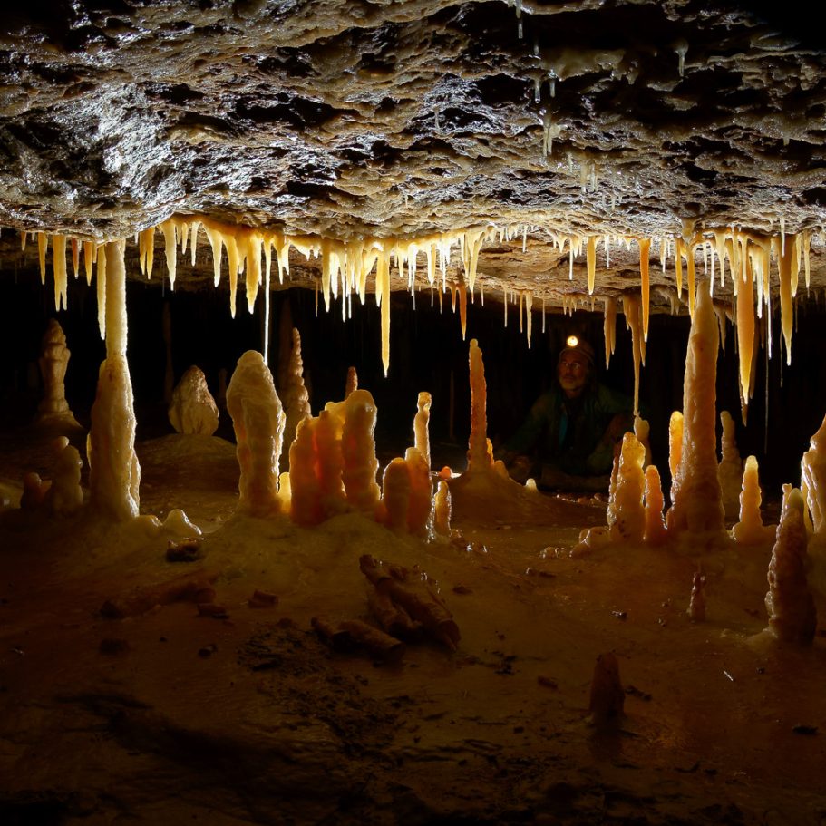 Orange calcite speleothems backlit by caver