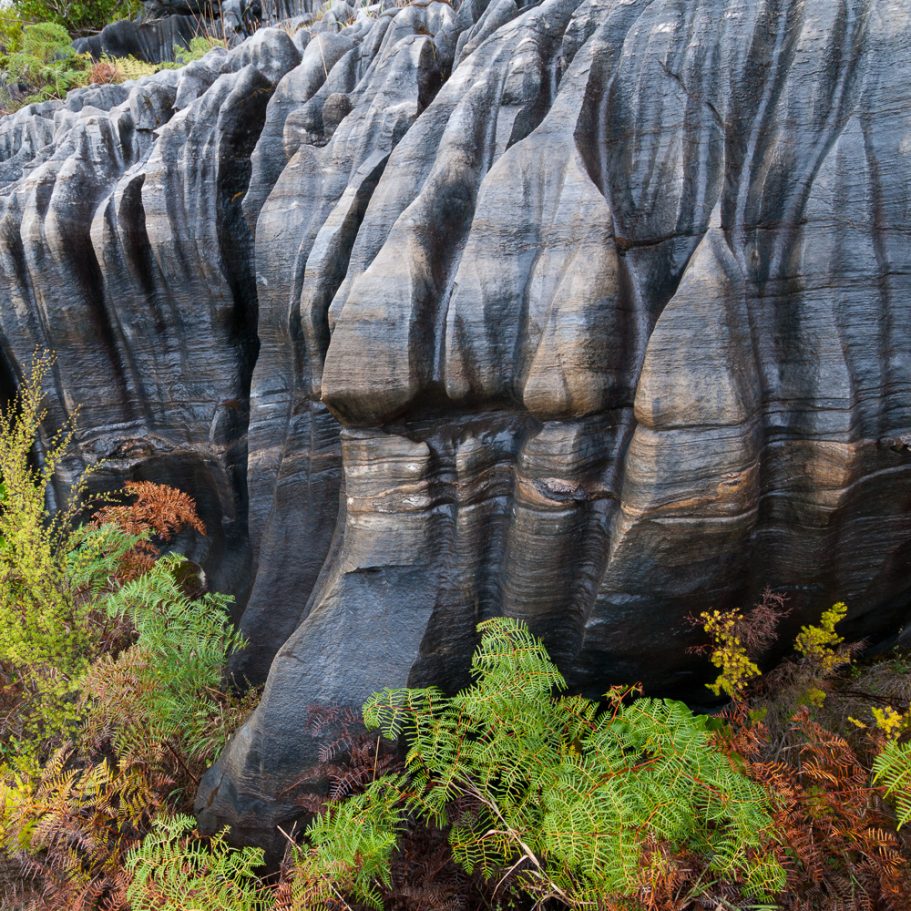 Rillenkarren in wet limestone cliff
