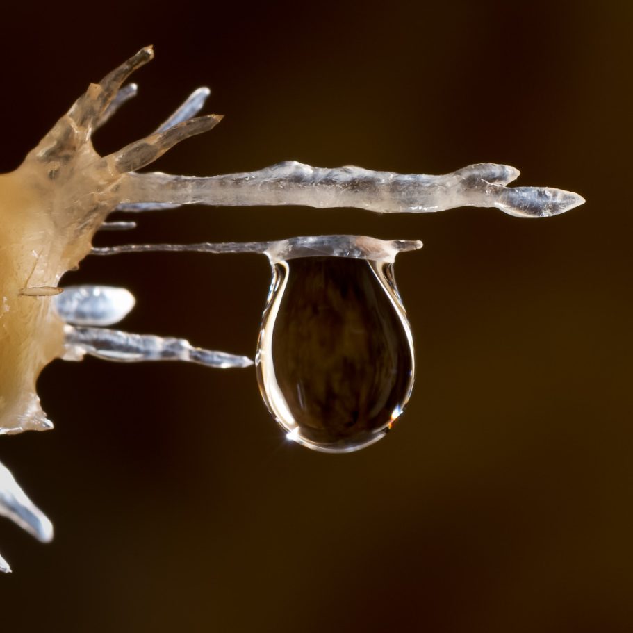 Macro-photo of a water droplet forming on a delicate calcite helictite