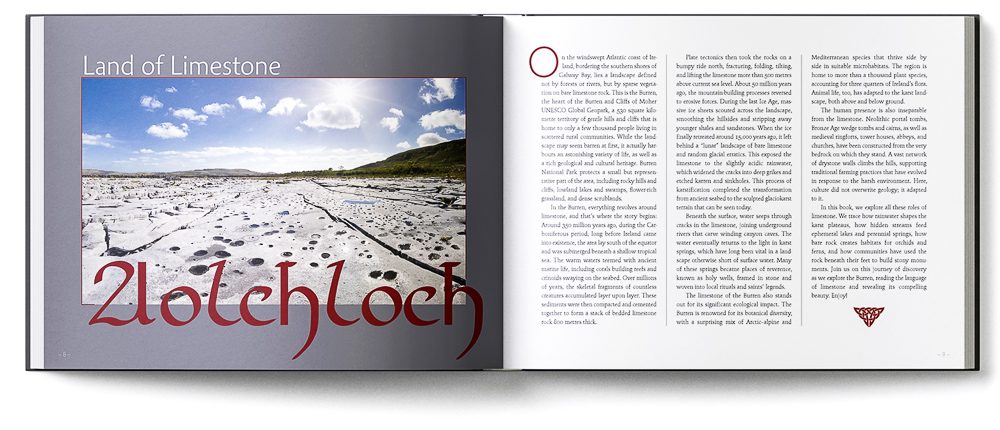 Sample double-page of the 'Burren' book showing the title chapter 'Land of Limestone'