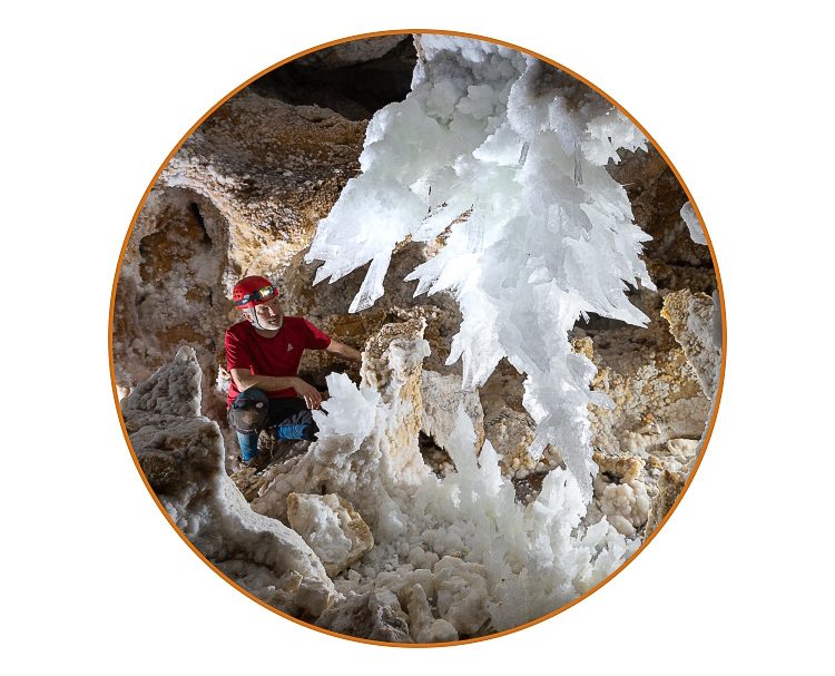 Max Wisshak next to a 2 m long gypsum crystal 'chandelier' in Lechuguilla Cave