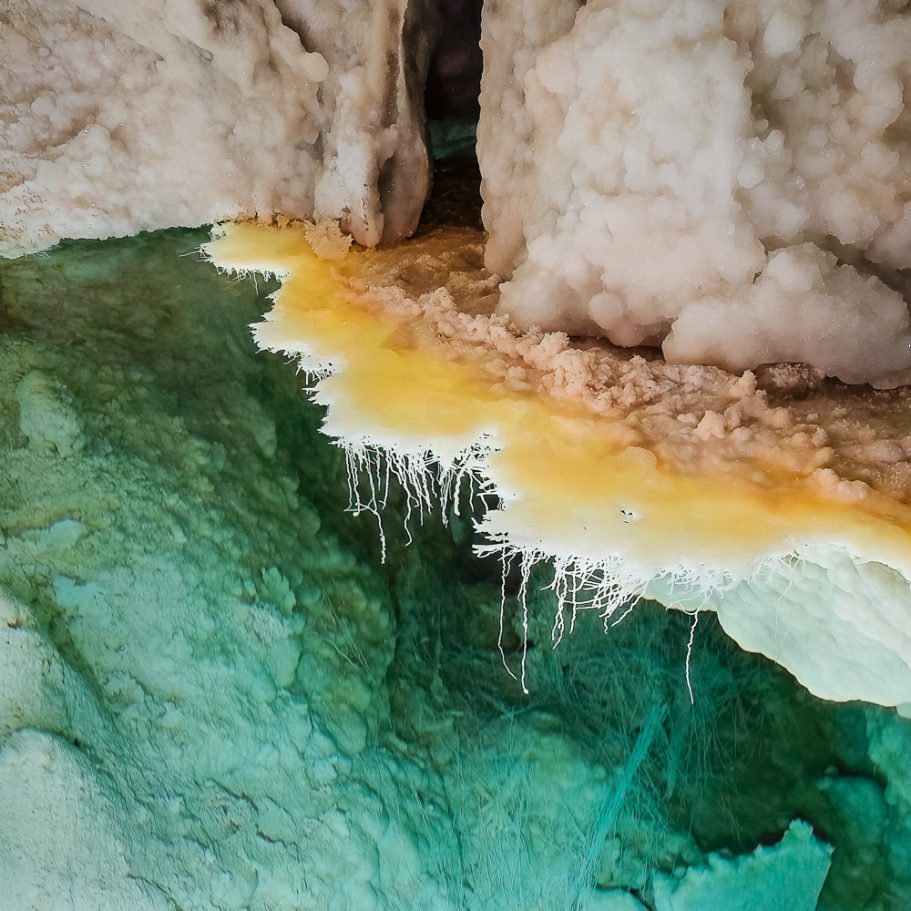 Subaqueous helictites growing from a calcite rim in a cave pool