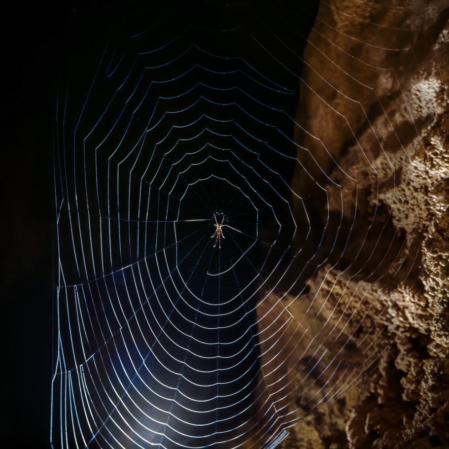Backlit web of a cave spider in a cave with the spider sitting in the centre