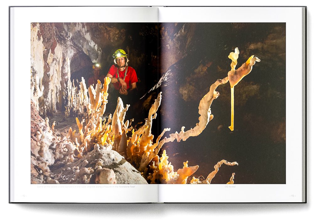 Sample double-page of the 'Lechuguilla Cave' book showing snake dancer helictites growing 1 m tall from the cave floor