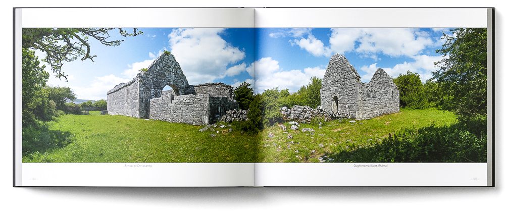 Sample double-page of the 'Burren' book showing the ruins of two old stone churches