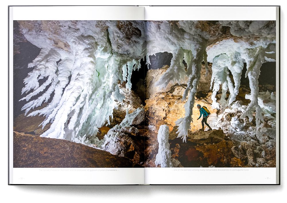Sample double-page of the 'Lechuguilla Cave' book showing the famous gypsum crystal "chandeliers"