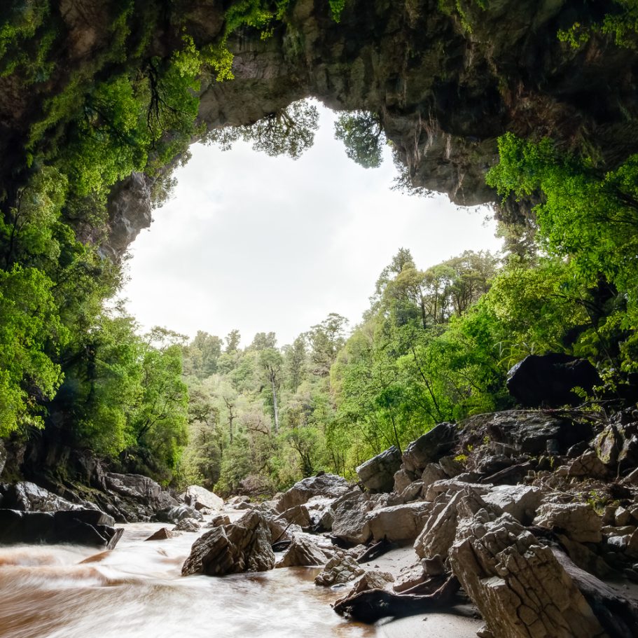 River emerging from a cave entrance