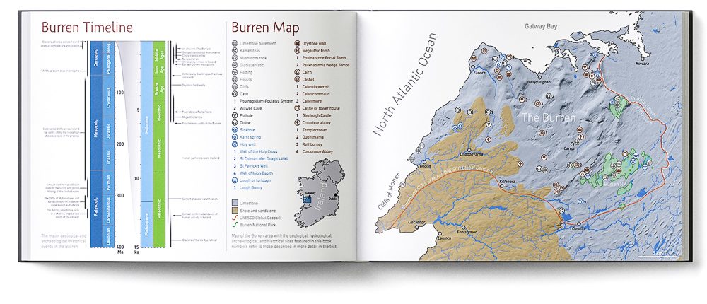 Sample double-page of the 'Burren' book showing the Burren map and geological timeline