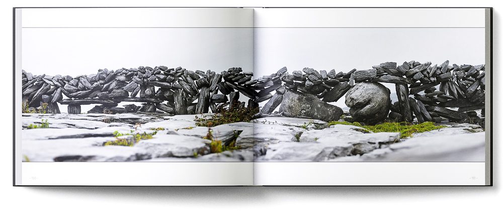 Sample double-page of the 'Burren' book showing a creative drystone wall