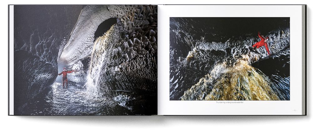Sample double-page of the 'Burren' book showing two perspectives of a roaring underground waterfall